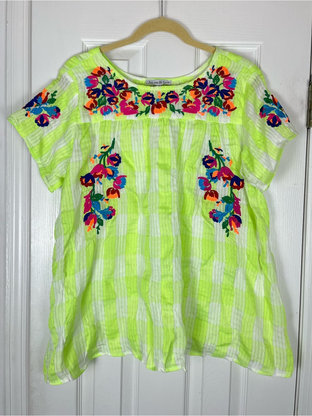 See And Be Seen 100% Cotton Floral Embroidered Peasant Blouse Boho Festival